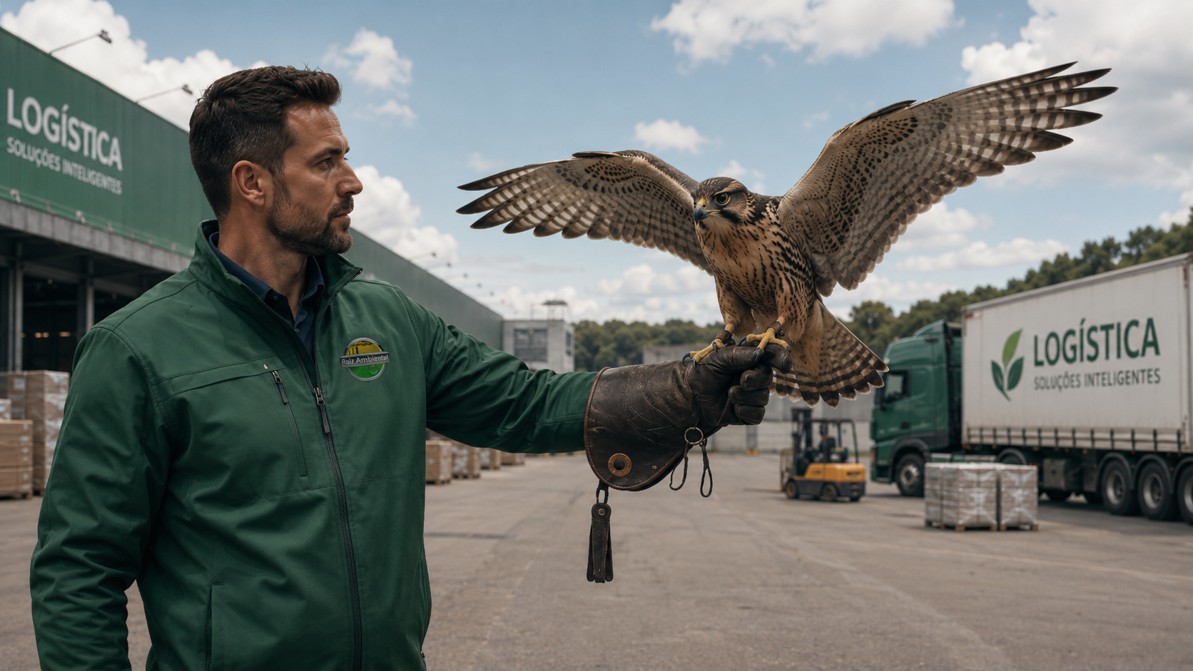 Falcão de falcoaria em ambiente industrial